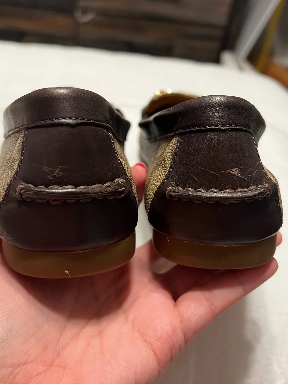 Coach Olive Tan Brown Loafers with Signature Monogram & Gold Chain | Women’s 9